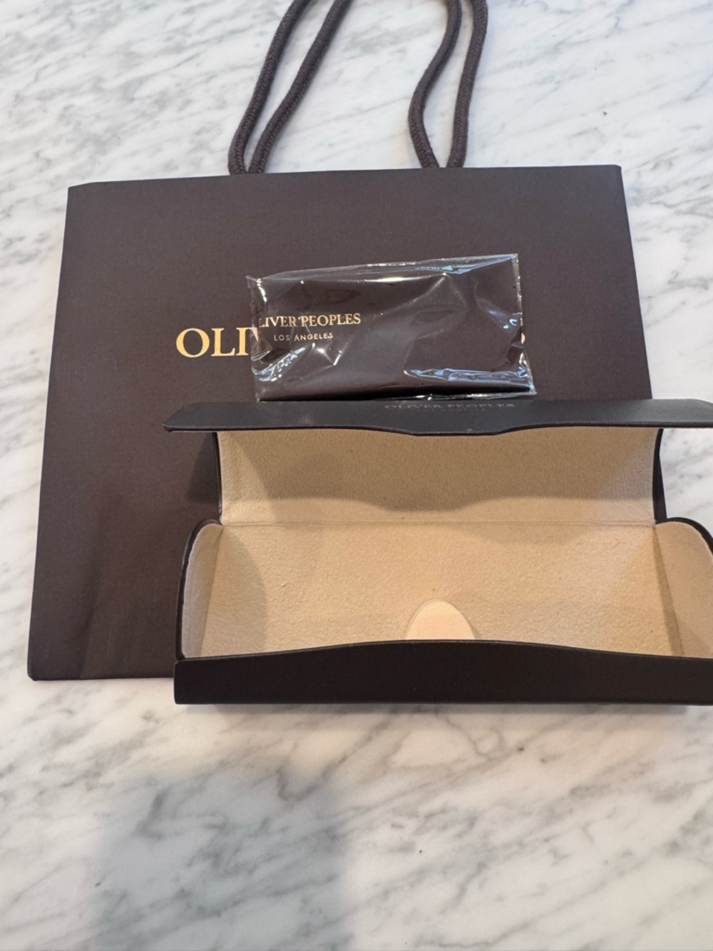 Oliver Peoples Eyeglass Case + Box + Dust Cloth Set Brown Gold Logo - Picture 3 of 3
